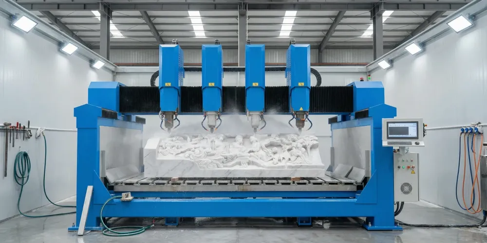 CNC stone carving machine creating sculptural relief