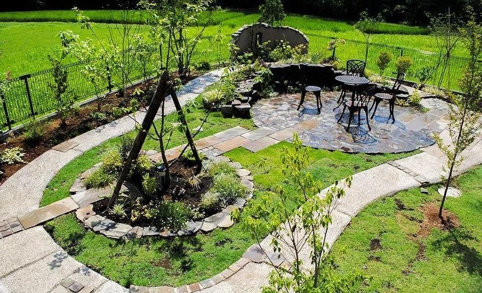 Aerial view of stone paving and landscape design project